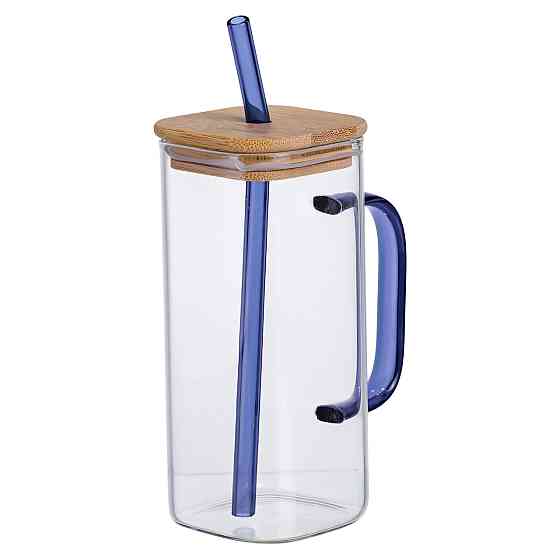 Скляна чашка 400 мл з бамбуковою кришкою і синьою трубочкою HP-19-146BL Коломыя