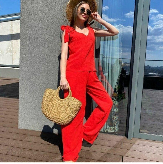 Літній жіночий костюм із широкими штанами "Ясмин" оптом | Норма та батал | Розпродаж моделі Червоний, 46 Київ - фото 3