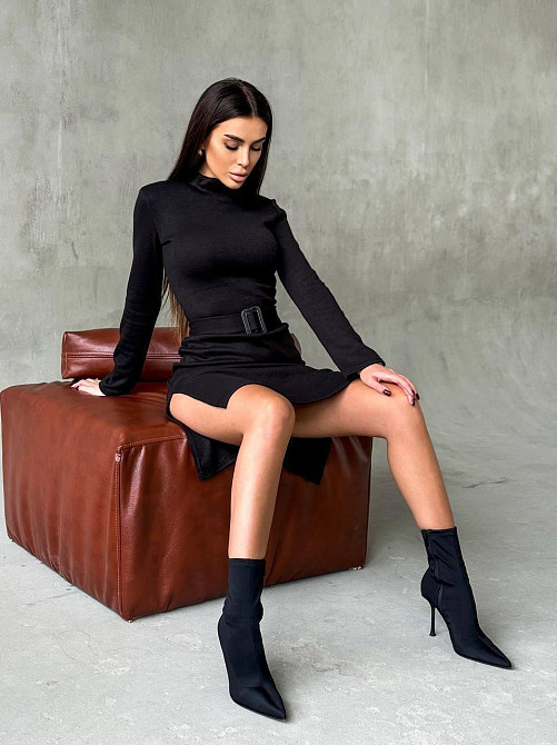 Женское стильное теплое и удобное платье с разрезами в длине миди турецкое двухстороннее ангора люкс Черный, 46/48 Одесса - изображение 6