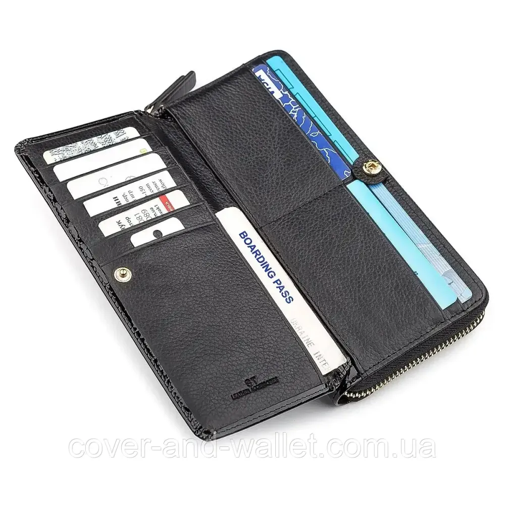 Чорний лаковий жіночий гаманець на змійці з блоком для карток S7001A Black Київ - фото 8