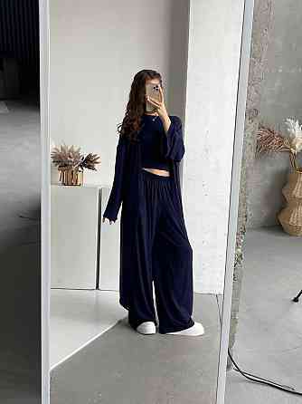 Жіночий базовий прогулянковий костюм-трійка: кімоно + футболка + палацо турецька натуральна віскоза Темно-синій Одеса