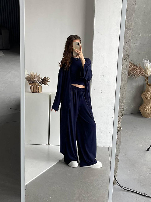 Жіночий базовий прогулянковий костюм-трійка: кімоно + футболка + палацо турецька натуральна віскоза Темно-синій Одеса - фото 2