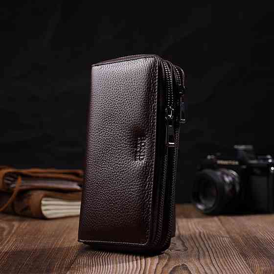 Місткий чоловічий клатч із двома відділеннями з натуральної шкіри Коричневий (BOND) Київ