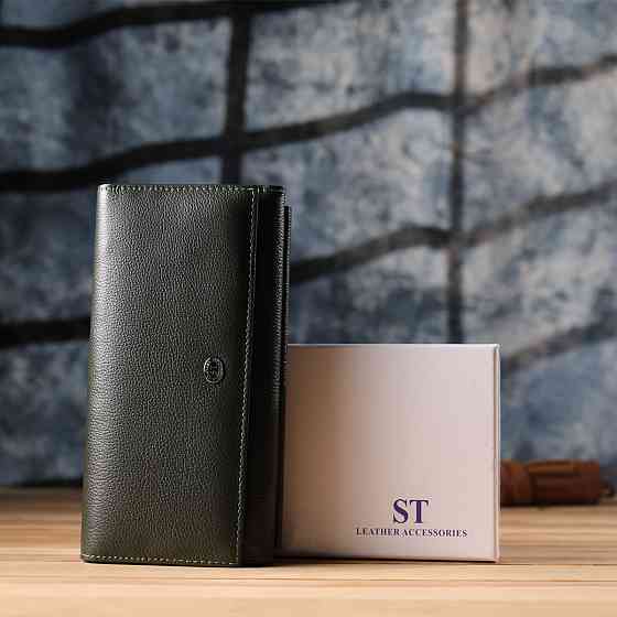 Горизонтальний гаманець з кишенею для телефону з натуральної шкіри ST Leather 23068 Зелений Київ