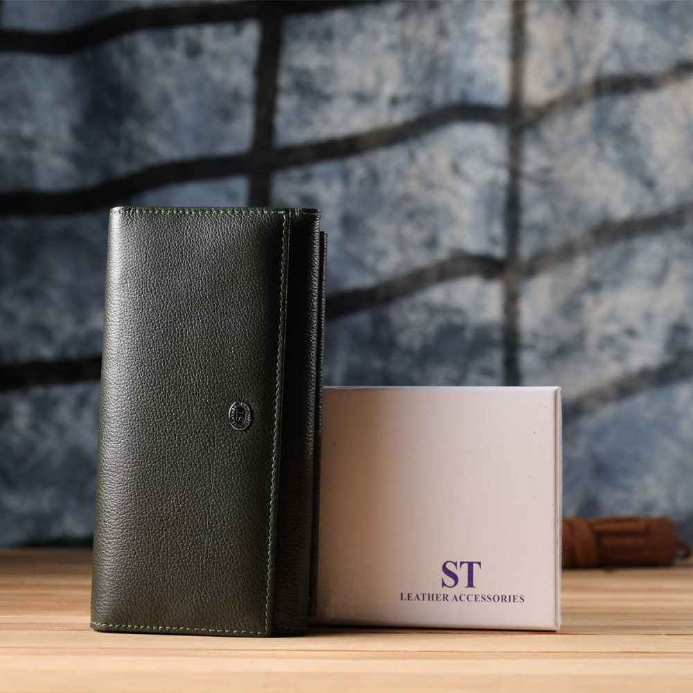 Горизонтальный кошелек с карманом для телефона из натуральной кожи ST Leather 23068 Зеленый Киев - изображение 1