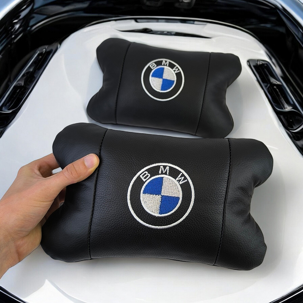Набір автоподушок 2шт на підголівник BMW з натуральної шкіри чорні + брелок у подарунок Київ - фото 3