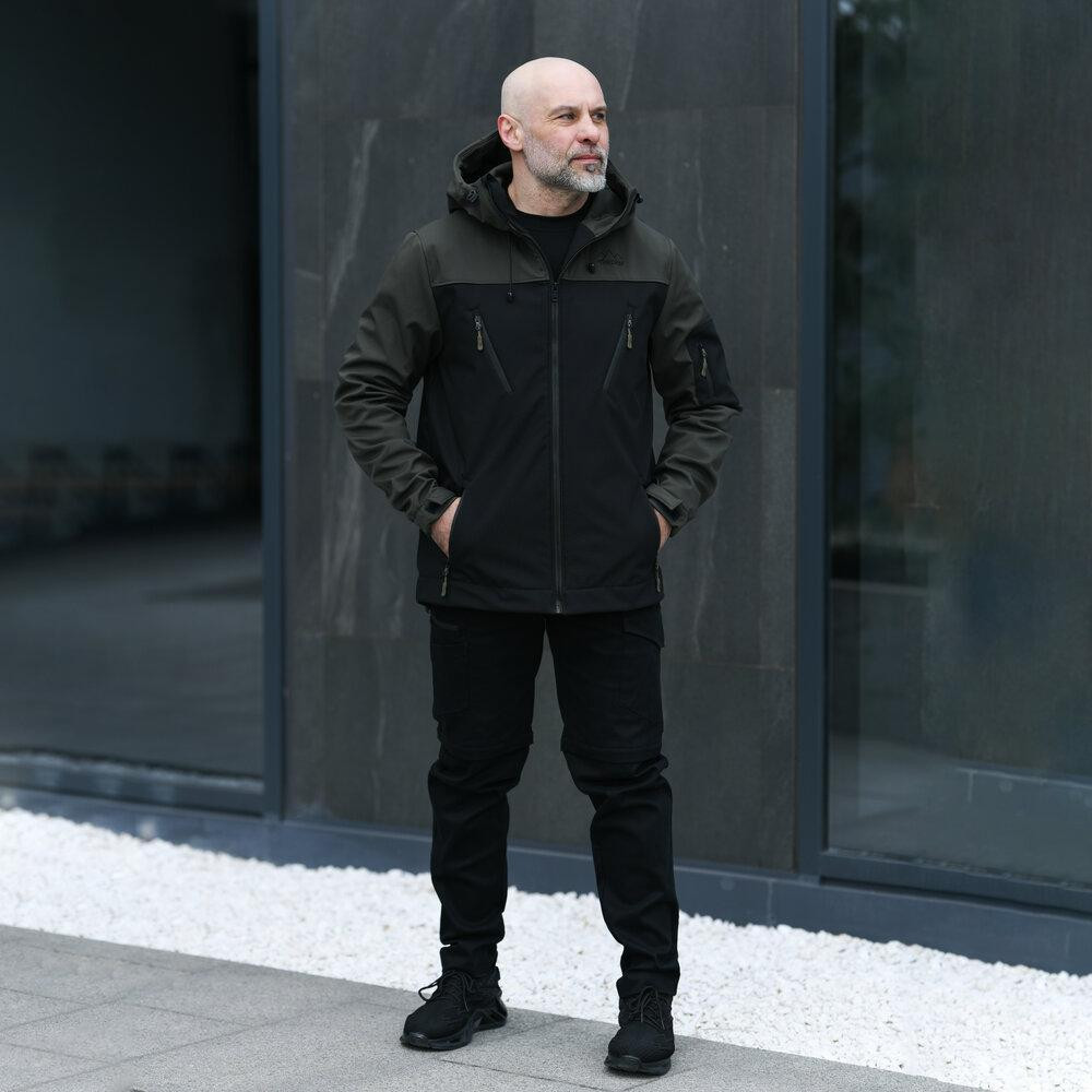 Чоловіча куртка soft shell Pobedov софтшелл Куртка демісезонна з капюшоном осінь весна чорна-хакі Одеса - фото 2