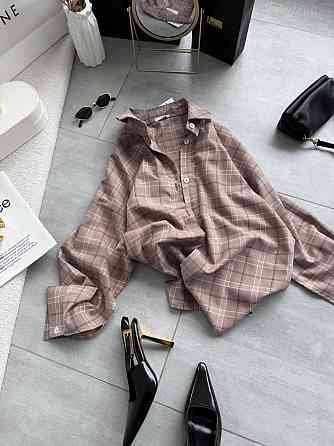 Женская трендовая оверсайз рубашка в клетку костюмный тиар Беж Одесса