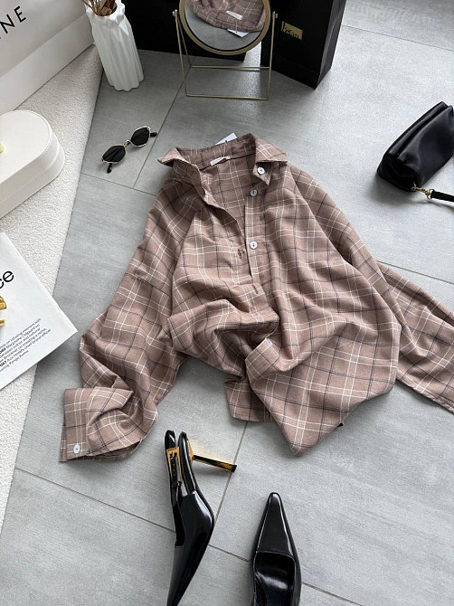 Женская трендовая оверсайз рубашка в клетку костюмный тиар Беж Одесса - изображение 3