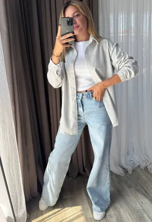 Женская льняная рубашка свободного кроя — мокко, светло-бежевый, светло-серый Одесса