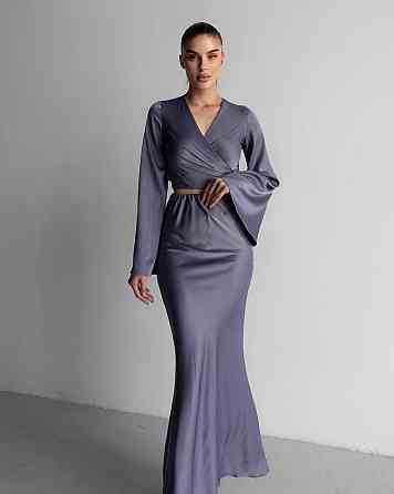 Женский элегантный романтичный костюм двойка Шелк Армани люкс Графит Одесса