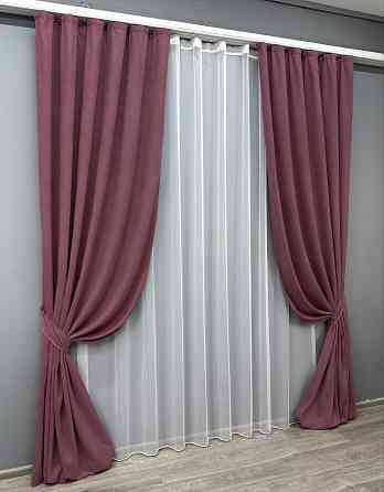 Комплект штор VR-Textil Мікровелюр Petek 150х270 2шт і Тюль 400х270 1490ш-1153т Пурпурний з білим 71-034/3 Київ