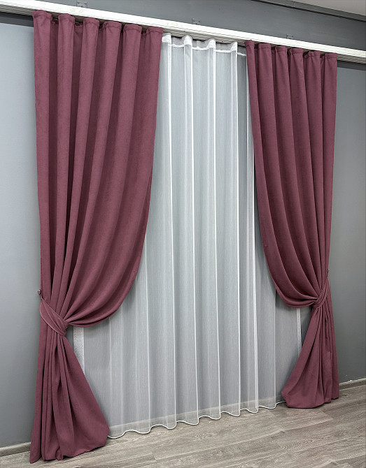Комплект штор VR-Textil Мікровелюр Petek 150х270 2шт і Тюль 400х270 1490ш-1153т Пурпурний з білим 71-034/3 Київ - фото 2