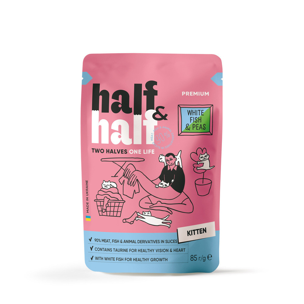 Корм вологий Half&Half для кошенят з білою рибою та горохом в желе 85 г Київ - фото 1