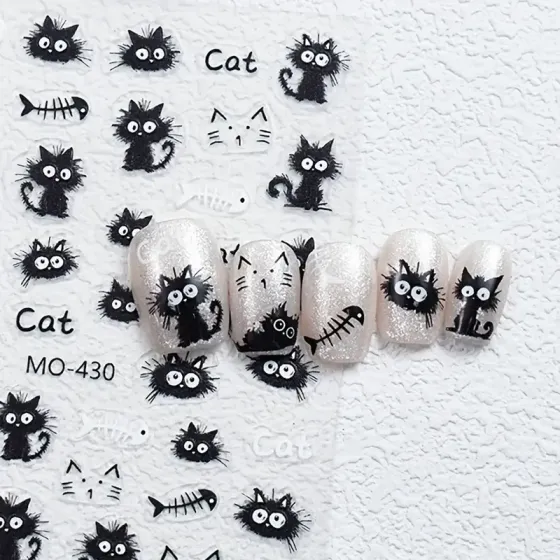 3D наклейки для ногтей «Котики» – чёрные, лист 9,2×7,3 см Киев