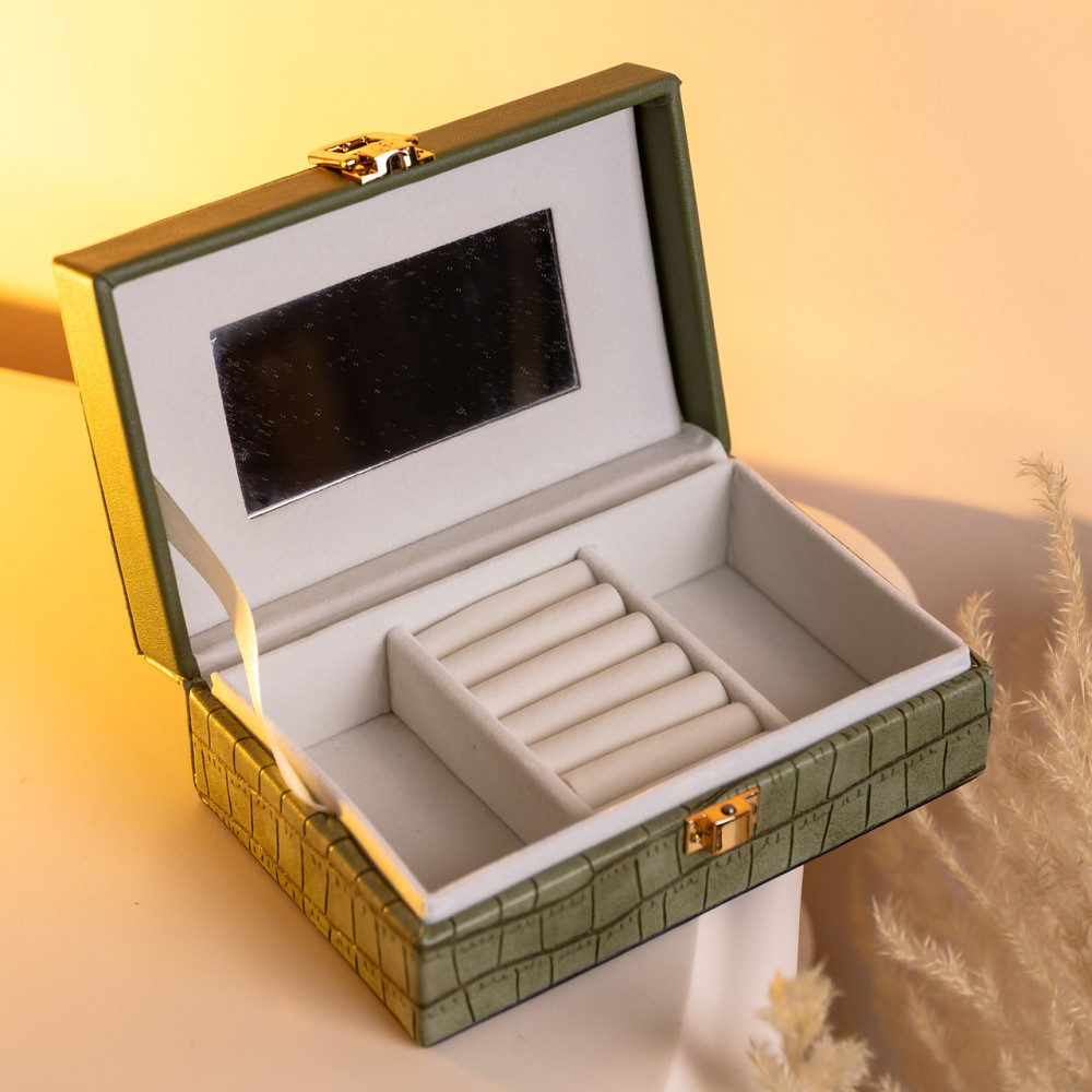 Скринька для прикрас з еко шкіри 3 відділення з дзеркалом 16×10×6 см Зелений HP-5-18GR Коломия - фото 5