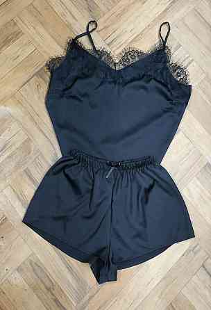 Комплект халат піжама жіноча з мереживом майка+шорти Чорний XS Харків