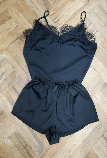 Комплект халат піжама жіноча з мереживом майка+шорти Чорний XS Харків - фото 4