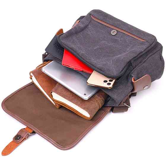 Горизонтальна чоловіча сумка з клапаном текстильна 21247 Vintage Чорна Київ