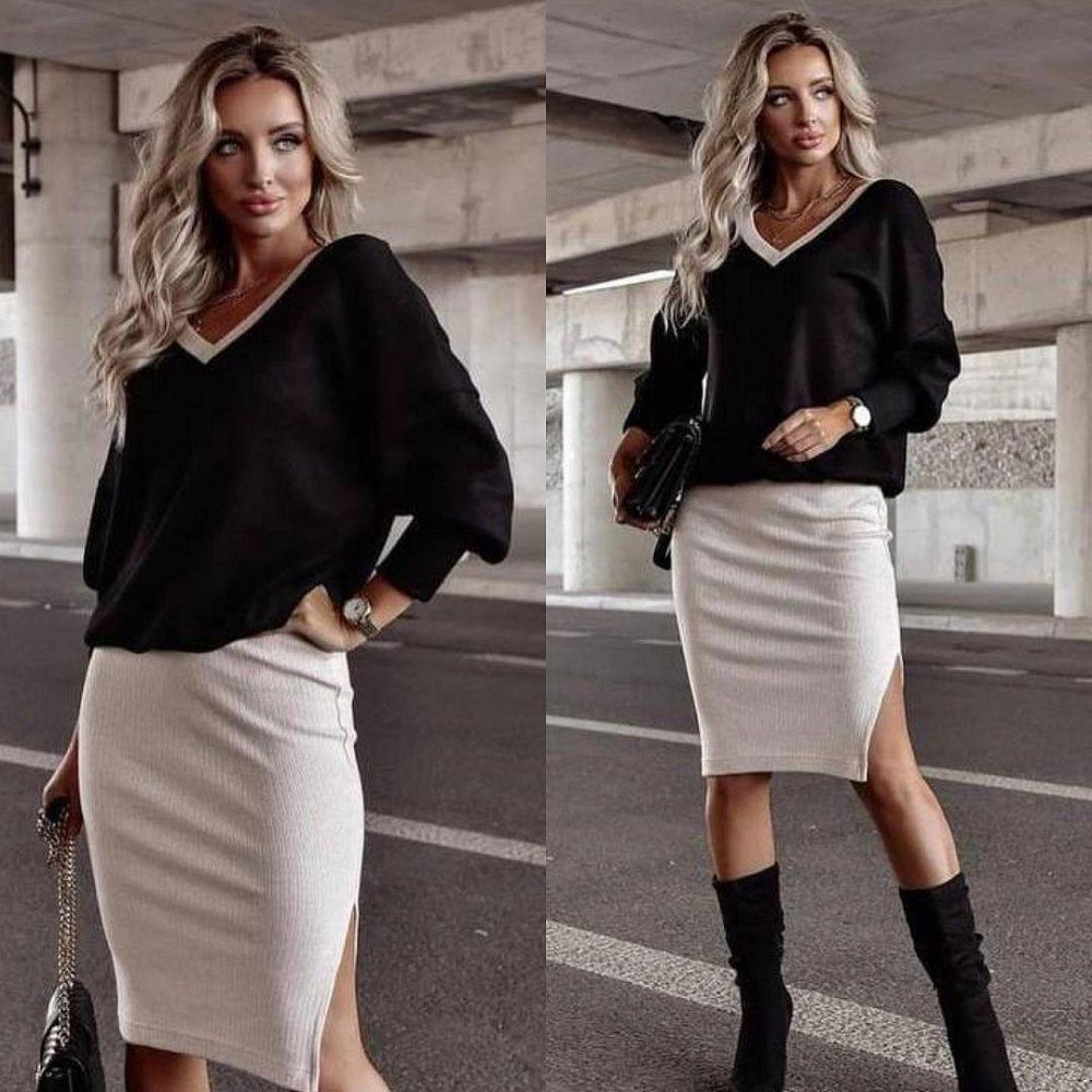 Женский костюм-двойка из ангоры Almo батал 50-52, Черный+бежевый Киев - изображение 1