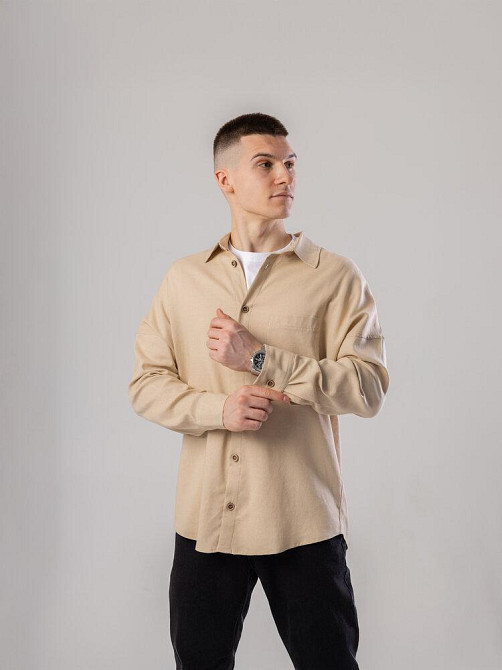 Темно-бежева лляна сорочка для чоловіків із довгим рукавом Pobedov Founder Київ - фото 1