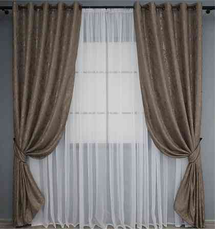 Комплект штор на люверсах VR-Textil Льон мармур Pavliani № 1372ш 150х250 см 2 шт Какао (37-0053) Київ