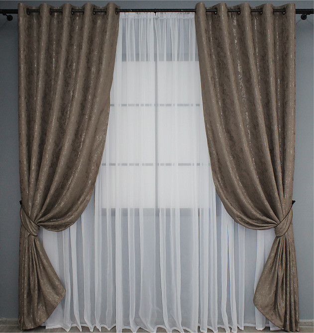 Комплект штор на люверсах VR-Textil Льон мармур Pavliani № 1372ш 150х250 см 2 шт Какао (37-0053) Київ - фото 2