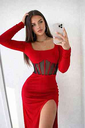 Женское стильное миди-платье с разрезом на ножке мустанг рубчик Красный, 42/44 Одесса