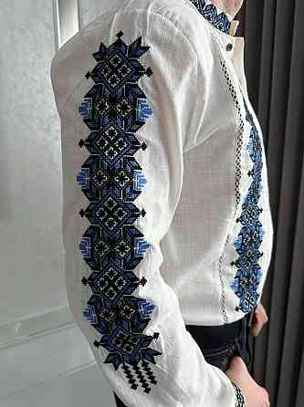 Мужская вышиванка в традиционном украинском стиле домотканый лен Белый, 50 Одесса