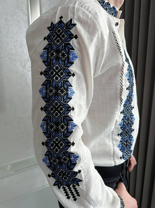 Мужская вышиванка в традиционном украинском стиле домотканый лен Белый, 50 Одесса - изображение 2