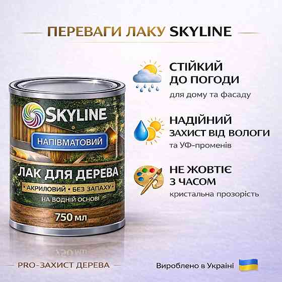 Лак для дерева Skyline напівматовий акриловий прозорий без запаху для внутрішніх та зовнішніх робіт 750 мл Харків