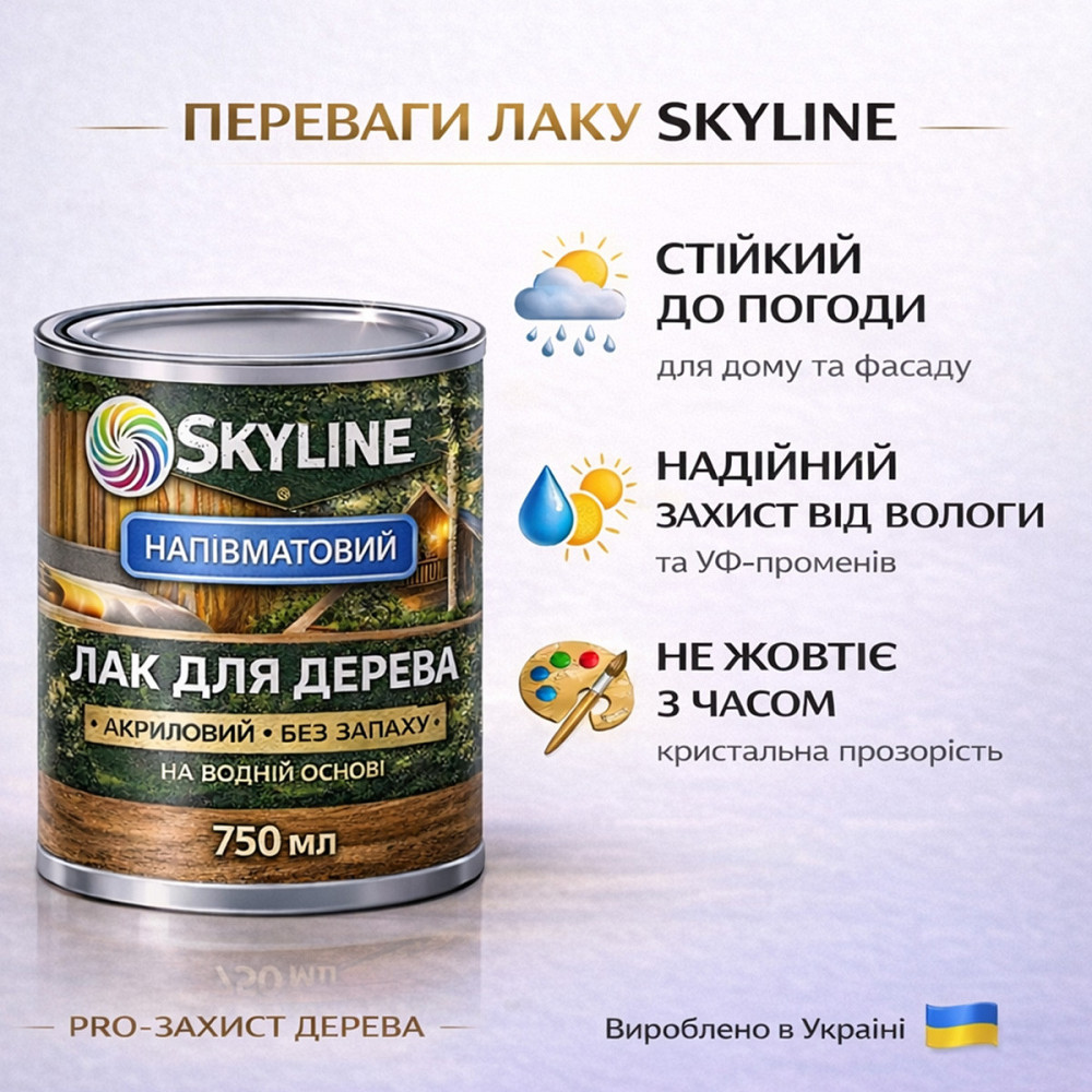 Лак для дерева Skyline напівматовий акриловий прозорий без запаху для внутрішніх та зовнішніх робіт 750 мл Харків - фото 6