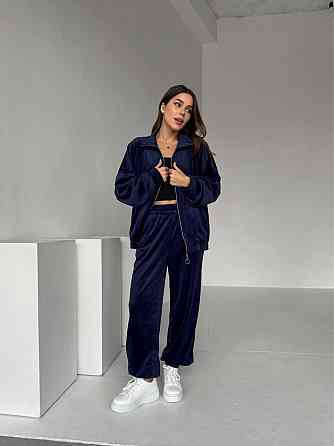 Жіночий прогулянковий костюм-двійка: кофта та штани з турецького велюру Синій, 46/48 Одеса