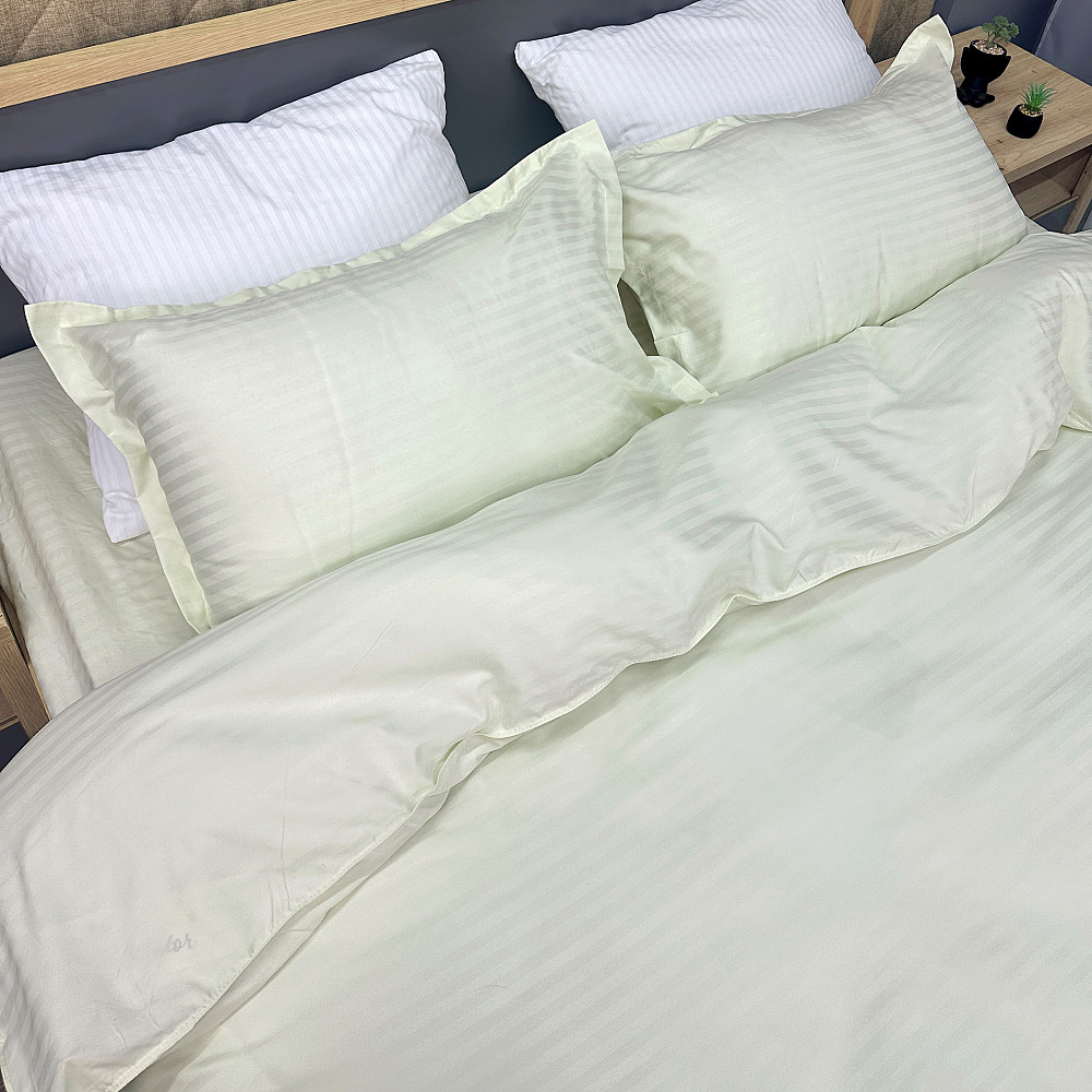 Комплект постільної білизни Страйп-сатин Двоспальний 180х220 з простирадлом на резинці Шампань (88-171) Київ - фото 1