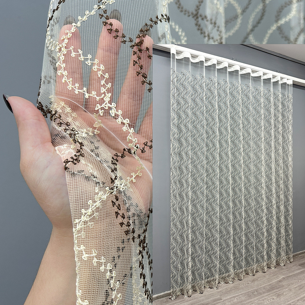 Тюль VR-Textil 1832т Фатин с вышивкой и люрексом Молочный с венге 300х270 см (40-190) Киев - изображение 1