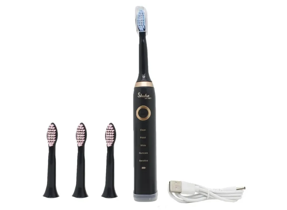 Черная Электрическая зубная щетка Shuke SK-601 аккумуляторная ультразвуковая щетка для зубов 3 насадки Коломия - фото 2