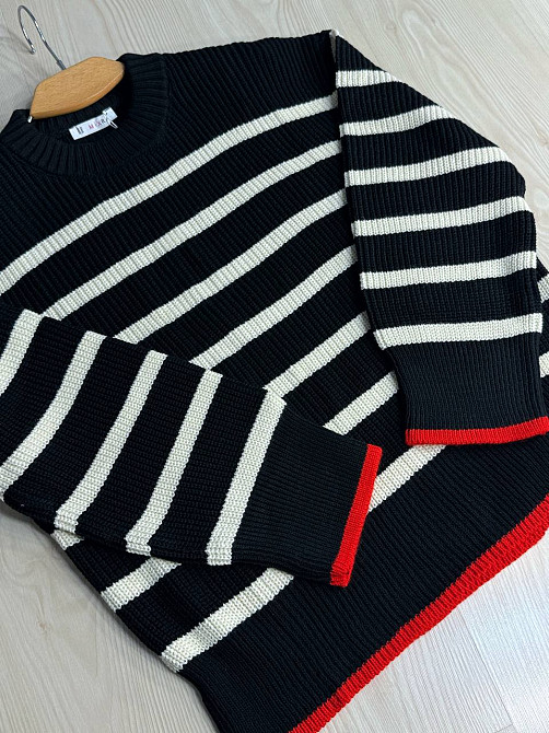 Светр жіночий MIX RAY 6635 смужка оверсайз подовжений вільний крій, чорний, one size Київ - фото 14