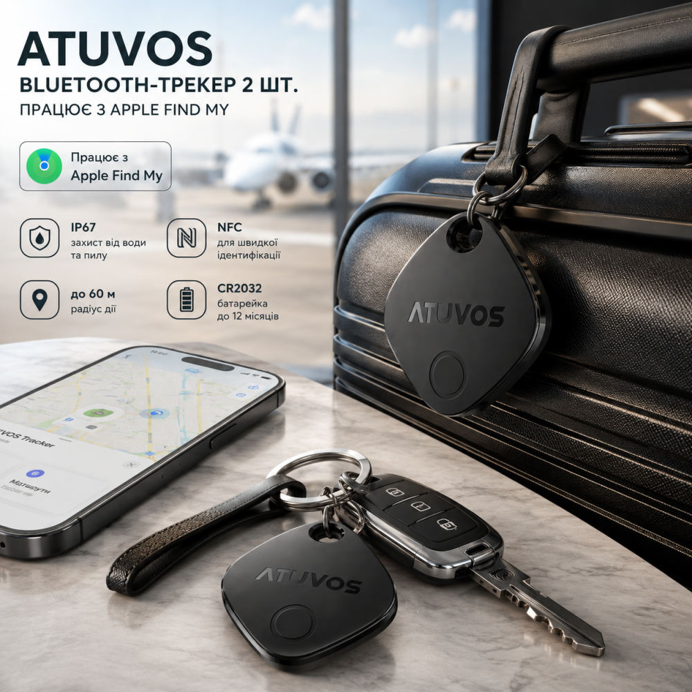Bluetooth-трекер ATUVOS 2 шт для Apple Find My, ключей и багажа, IP67, NFC, CR2032, до 60 м, iOS Киев - изображение 8