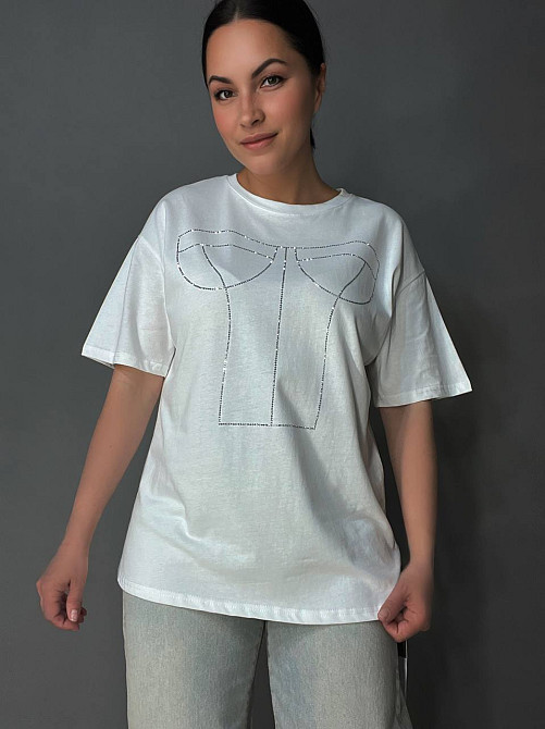 Футболка жіноча A-N 0098 з камінням імітація корсету оверсайз, білий, one size Київ - фото 4