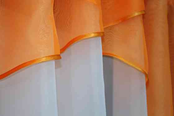 Кухонные шторки VR-Textil № 00к с подвязками белый с оранжевым 280х170 см (59-884) Киев