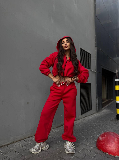 Утеплений жіночий костюм двійка у спортивному стилі тринитка на флісі Червоний, 42/44 Одеса - фото 5