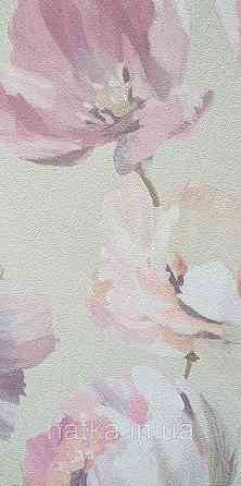 Шпалери вінілові на флізеліні Grandeco Universe 5 квіти півонії великі яскраві рожеві на бежевому Київ