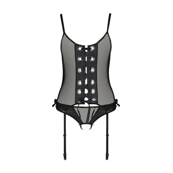 Корсет зі шнурівкою Passion NESSY CORSET L/XL black, стрінги з відкритим доступом, пажі для панчіх Львов