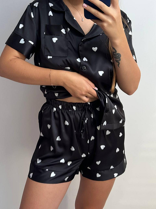 Піжама жіноча з сатину з шортами і сорочкою Чорна XS-S Харків - фото 3