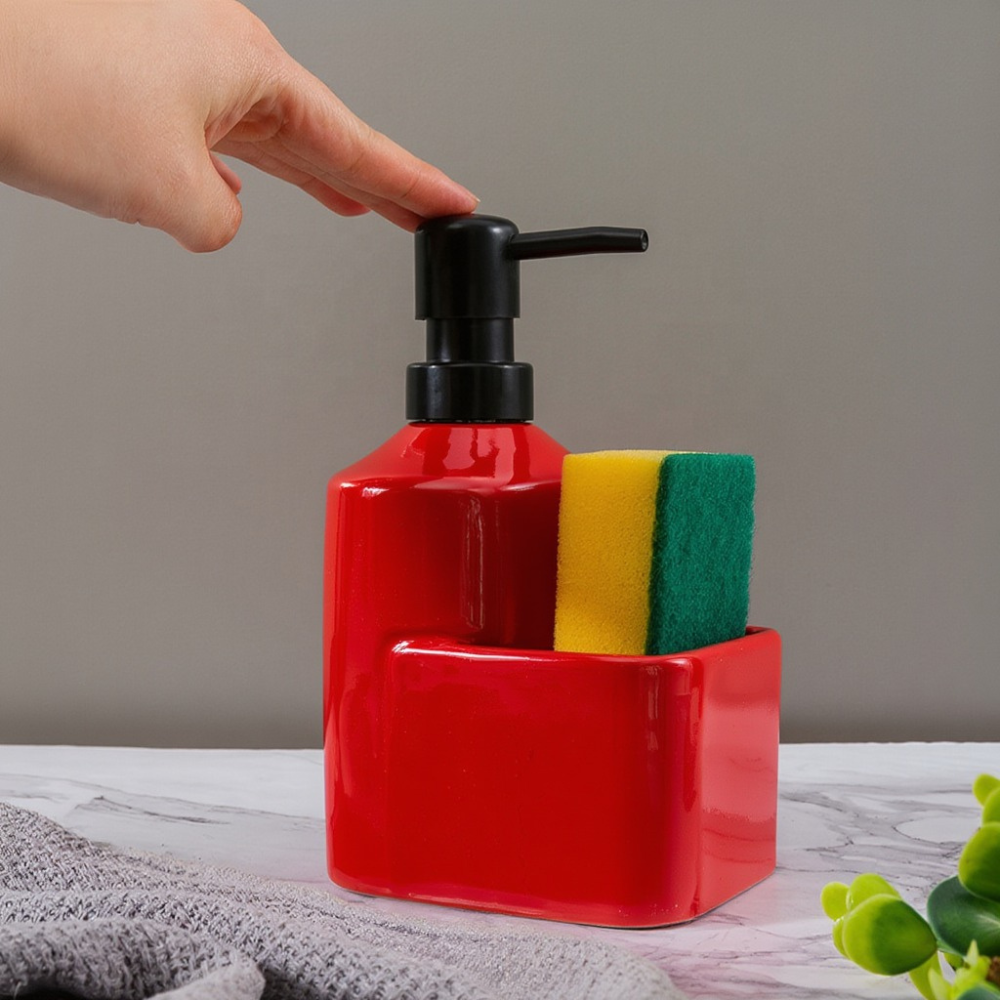 Диспенсер-дозатор для мыла керамический для ванной и кухни 380 мл, для жидкого мыла и моющего средства, красный Каменец-Подольский - изображение 2