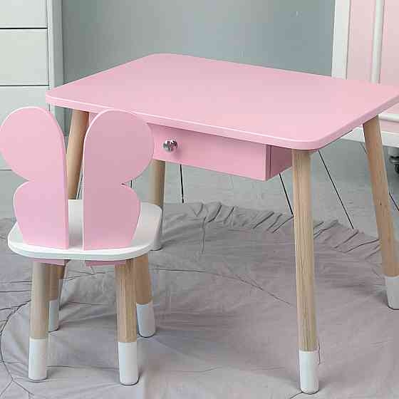 Стіл прямокутний з ящиком для речей 46х60х45 і стілець метелик 26х26х24, столик та стільчик в дитячу, рожевий з білим Київ