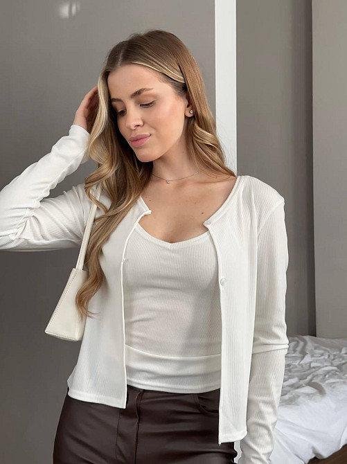 Женский базовый повседневный комплект из майки и кофты трикотаж рубчик Молочный, 44/46 Одесса - изображение 1