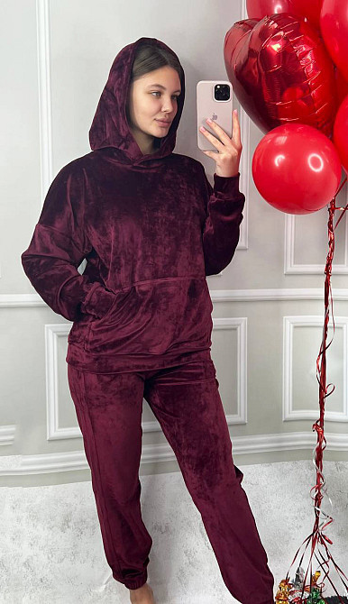 Женский спортивный велюровий костюм с капюшоном M Бордовый Харьков - изображение 4