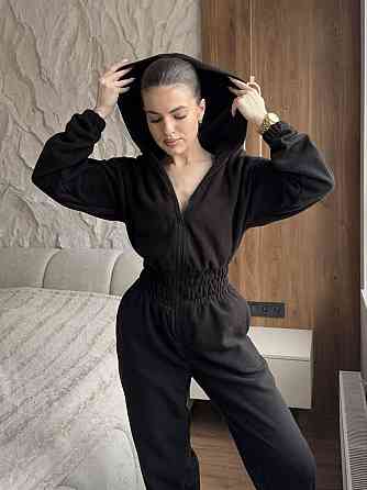 Женский теплый повседневный комбинезон с капюшоном турецкий флис Черный, 50/52 Одесса