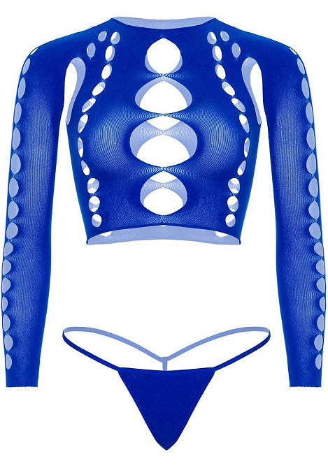 Комплект Leg Avenue Long sleeve crop top & string Royal Blue One Size, топ, стрінги Sex Aura Київ - фото 3